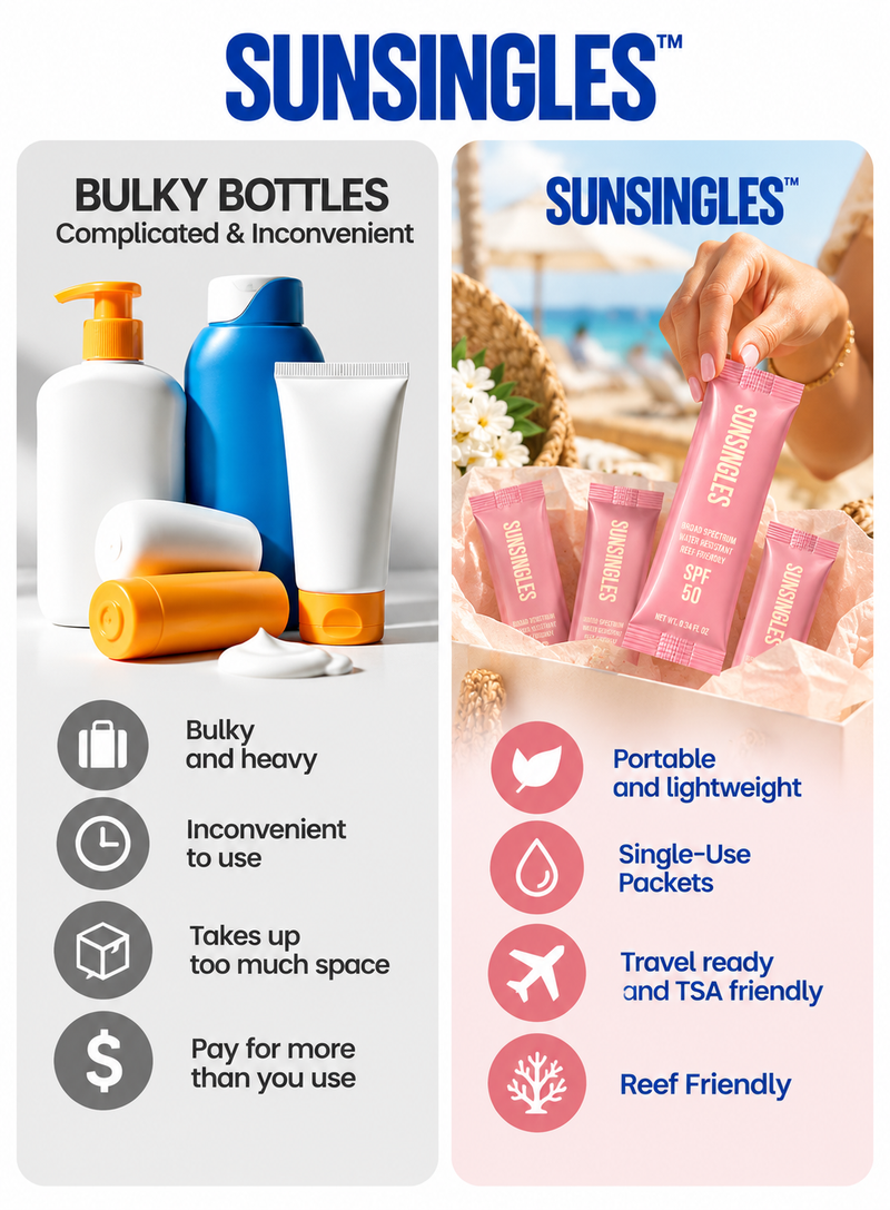 Pink SunSingles single-use SPF 50 sunscreen packet, lifestyle photo