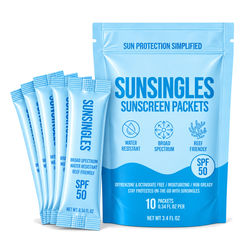 SunSingles SPF 50 Sunscreen Packets, Light Blue – Single-Use, Broad Spectrum, Water Resistant (Pack of 10)