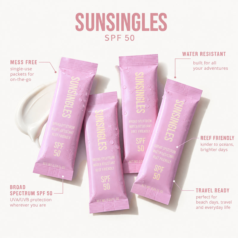 Pink SunSingles SPF 50 packets: mess free, water resistant, reef friendly, broad spectrum, travel ready