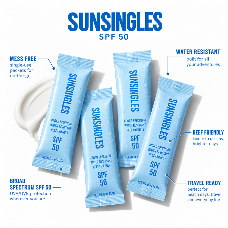 Light blue SunSingles single-use SPF 50 sunscreen packet, lifestyle photo