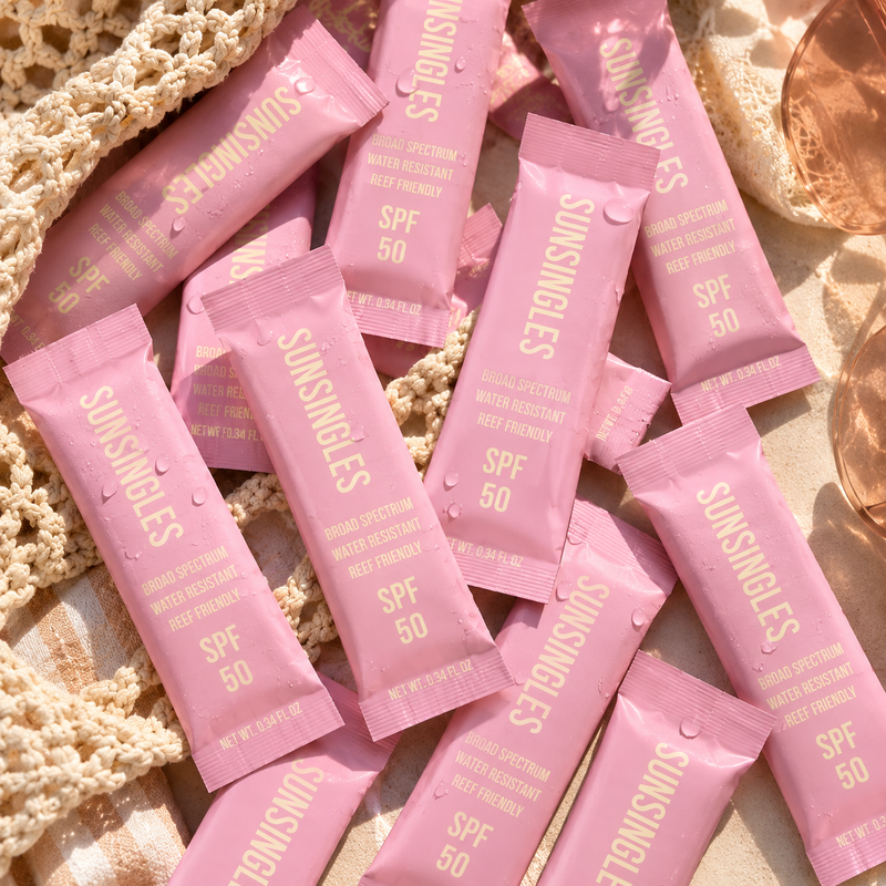 SunSingles pink SPF 50 broad spectrum sunscreen packets for weddings and events