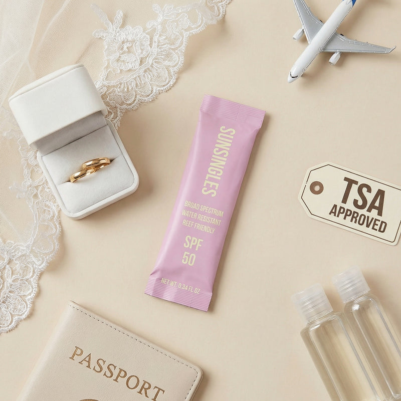 SunSingles travel-size SPF 50 sunscreen packets, TSA-friendly for carry-on travel