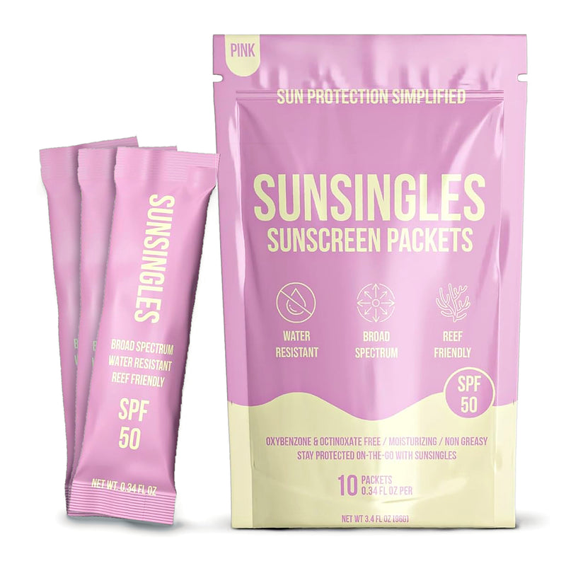 SunSingles SPF 50 sunscreen packets, pink, 10-pack pouch with single-use packets