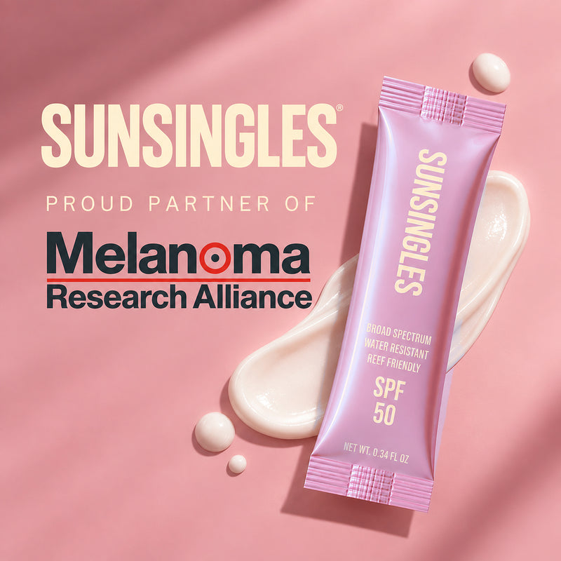 SunSingles, proud partner of the Melanoma Research Alliance, pink SPF 50 packet